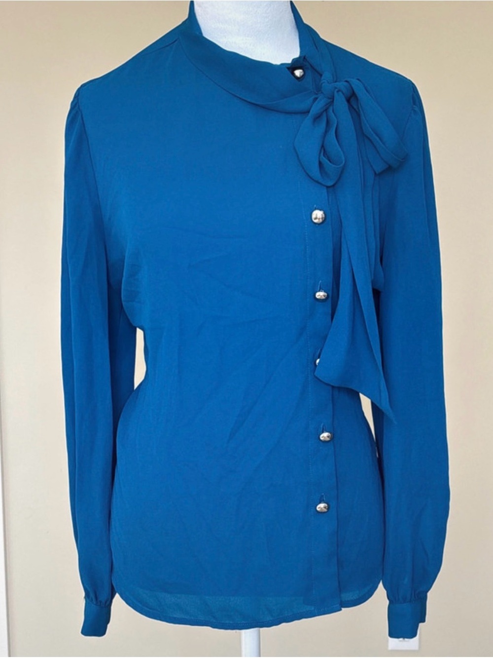 New York & Company Blue Long-Sleeve Tie Neck Blouse